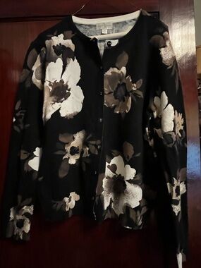 Studio Works Black Floral Button-Front Jacket with Cream and Brown Blooms